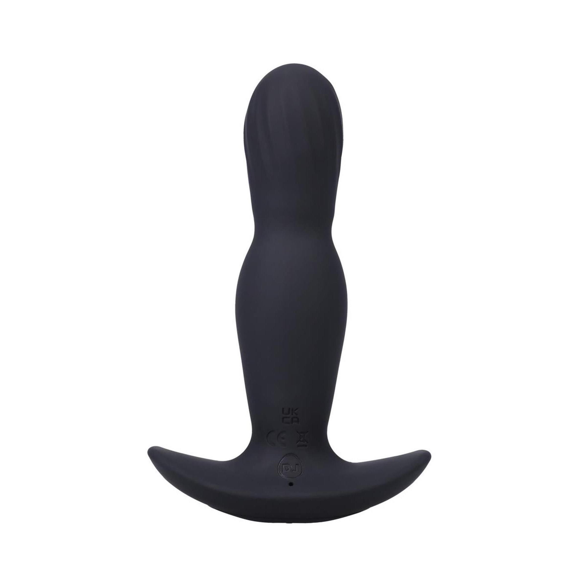 Schwarzer Expander aus Silikon. T-Form mit geriffelter Spitze und breiter Basis.