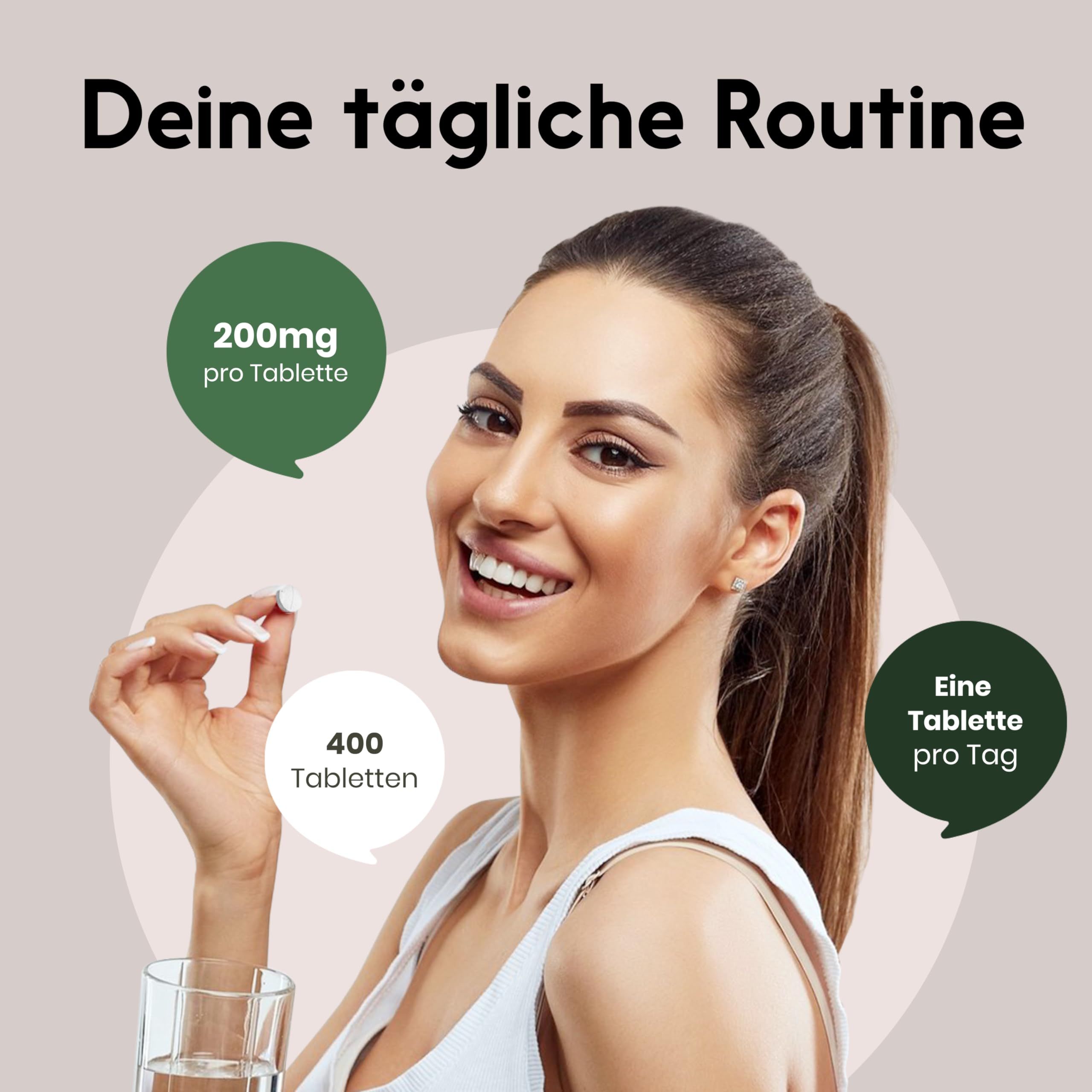 Frau hält Tablette, lächelt. Text: Deine tägliche Routine. Sprechblasen: 200mg pro Tablette, 400 Tabletten, Eine Tablette pro Tag.