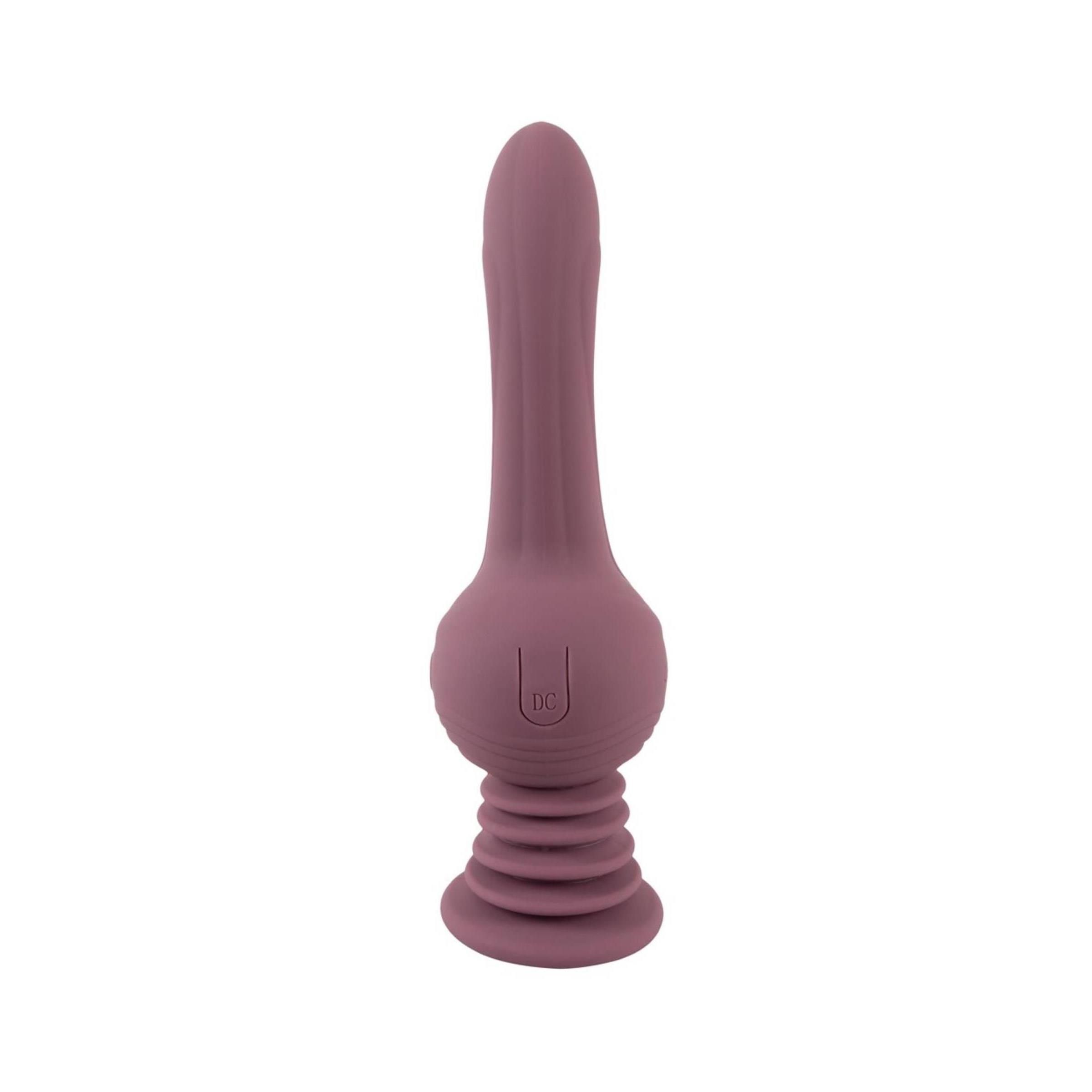 Lila Vibrator mit geriffelter Basis und glatter Oberfläche. Vertikale Ausrichtung, vor weißem Hintergrund.