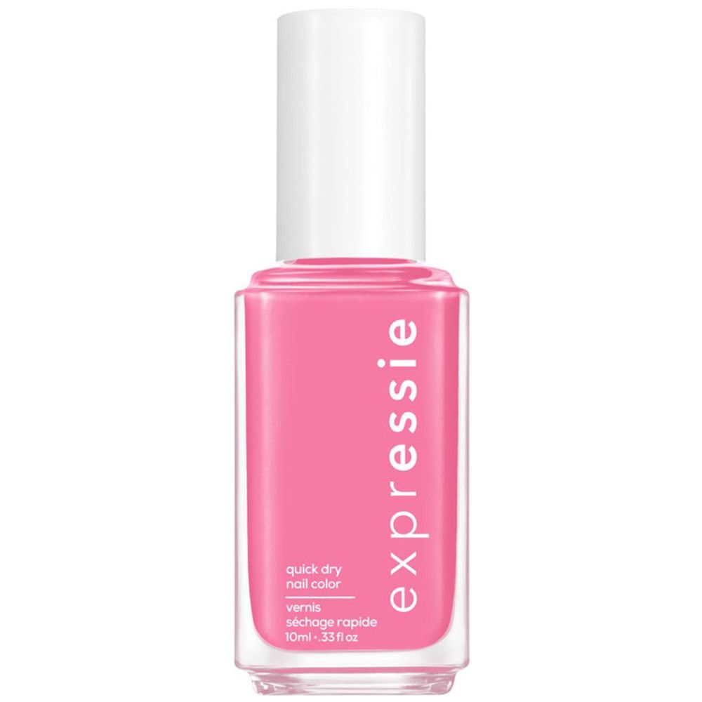 Essie Expressie Nagellack-Fläschchen. Rosa Farbe. Weißer Deckel. Aufschrift: Expressie, quick dry nail color.