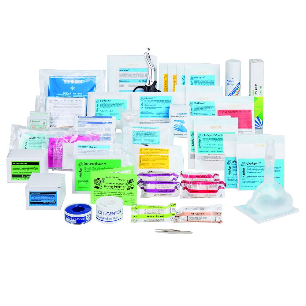 Erste-Hilfe-Koffer-Nachfüllpackung mit Verbandsmaterial, Schere, Pflaster, Reinigungstücher und weitere medizinische Artikel.