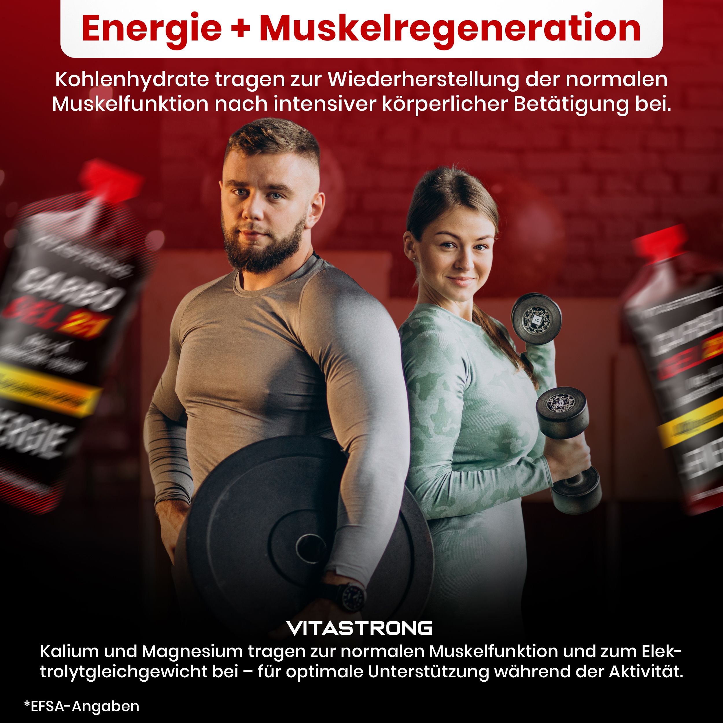 Vitastrong CARBO GEL 2:1. Sportler mit Gewichten. Text: Energie + Muskelregeneration. Kalium & Magnesium für Elektrolytgleichgewicht.