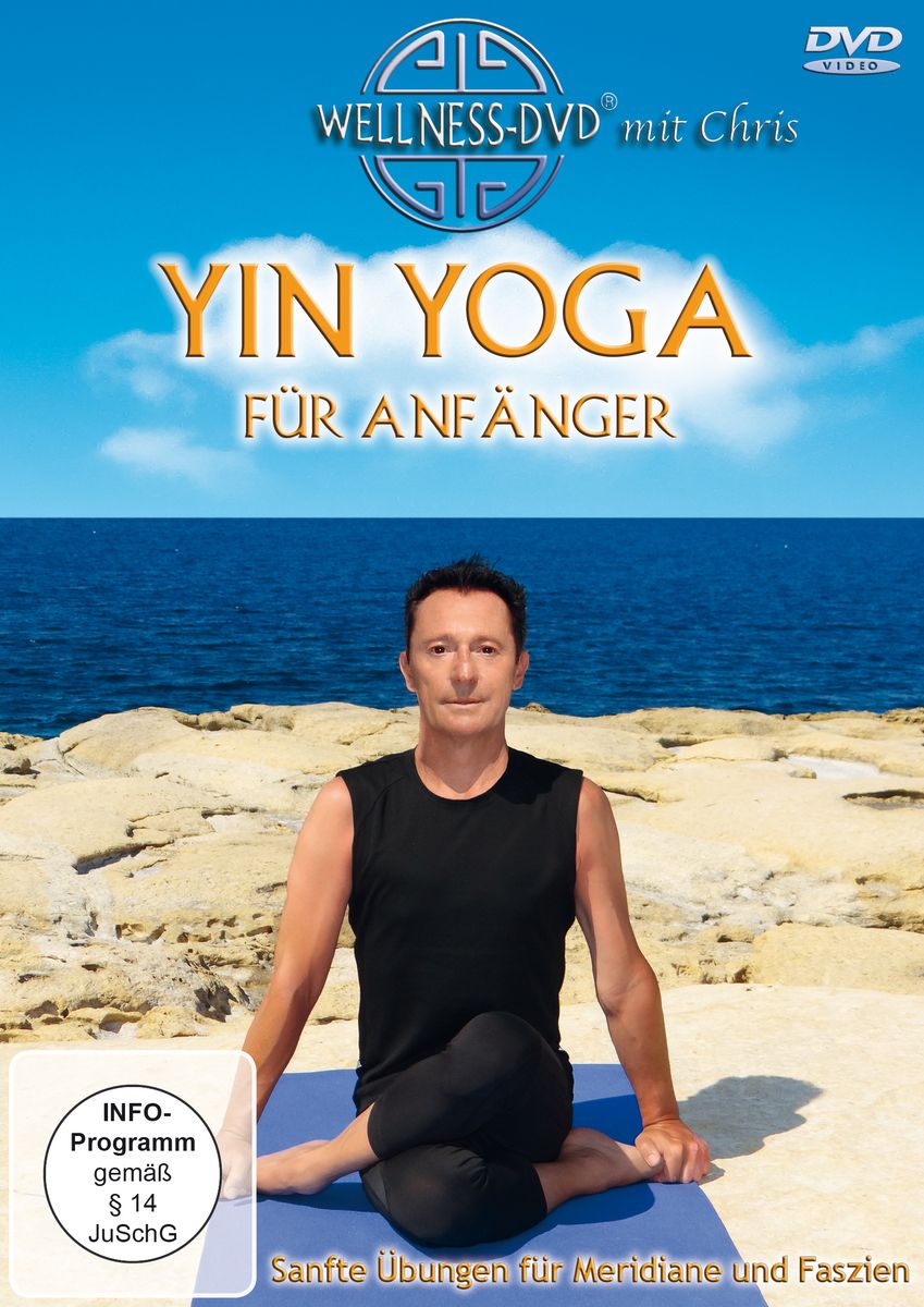 DVD "Yin Yoga für Anfänger". Mann sitzt auf blauer Matte. Text: Sanfte Übungen für Meridiane und Faszien. Wellness-DVD mit Chris.