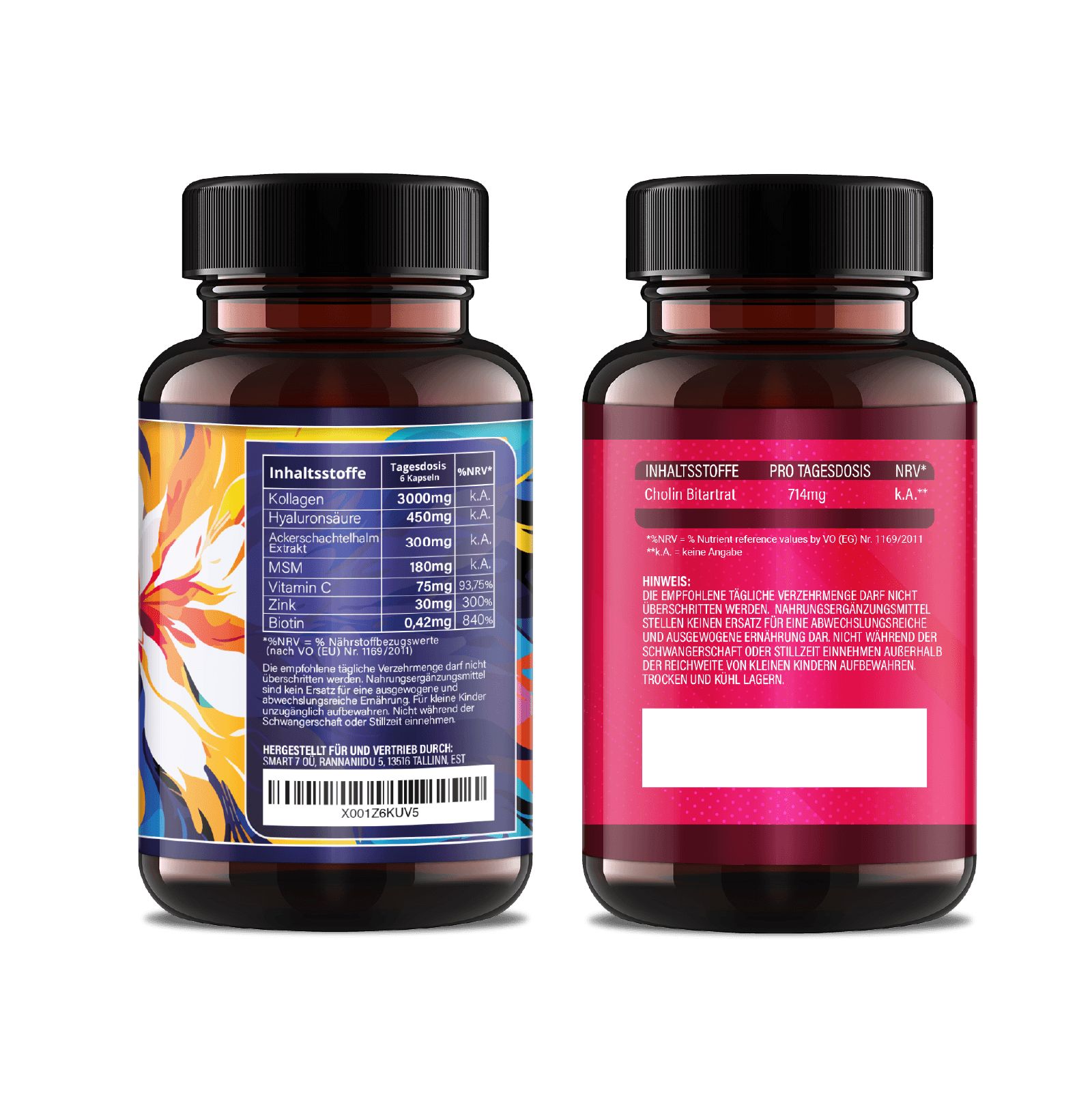 Rückseite von zwei Flaschen Saint Nutrition® Kollagen & Hyaluron Kapseln und Cholin Bitartrat Kapseln. Etiketten mit Inhaltsstoffen.