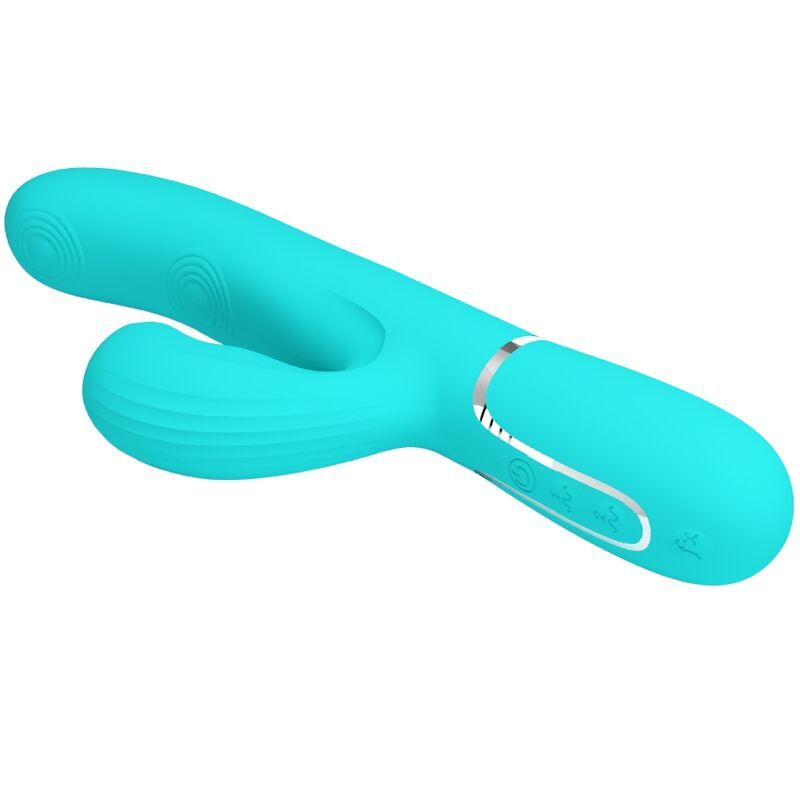 Türkisfarbener Vibrator mit gebogenem Ende und zylindrischem Hauptteil. Bedienknöpfe am unteren Ende.