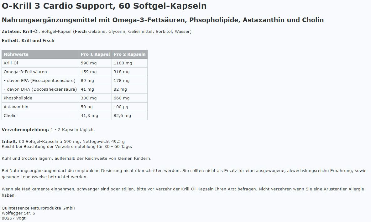 Weiße Tabelle mit Nährwertangaben für O-Krill 3 Kapseln. Enthält Krillöl, Omega-3-Fettsäuren, Phospholipide, Astaxanthin und Cholin.