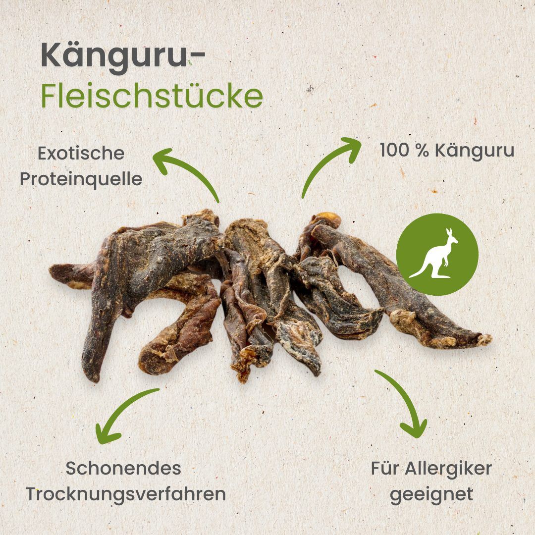 Getrocknete Känguru-Fleischstücke, braun und unregelmäßig geformt.