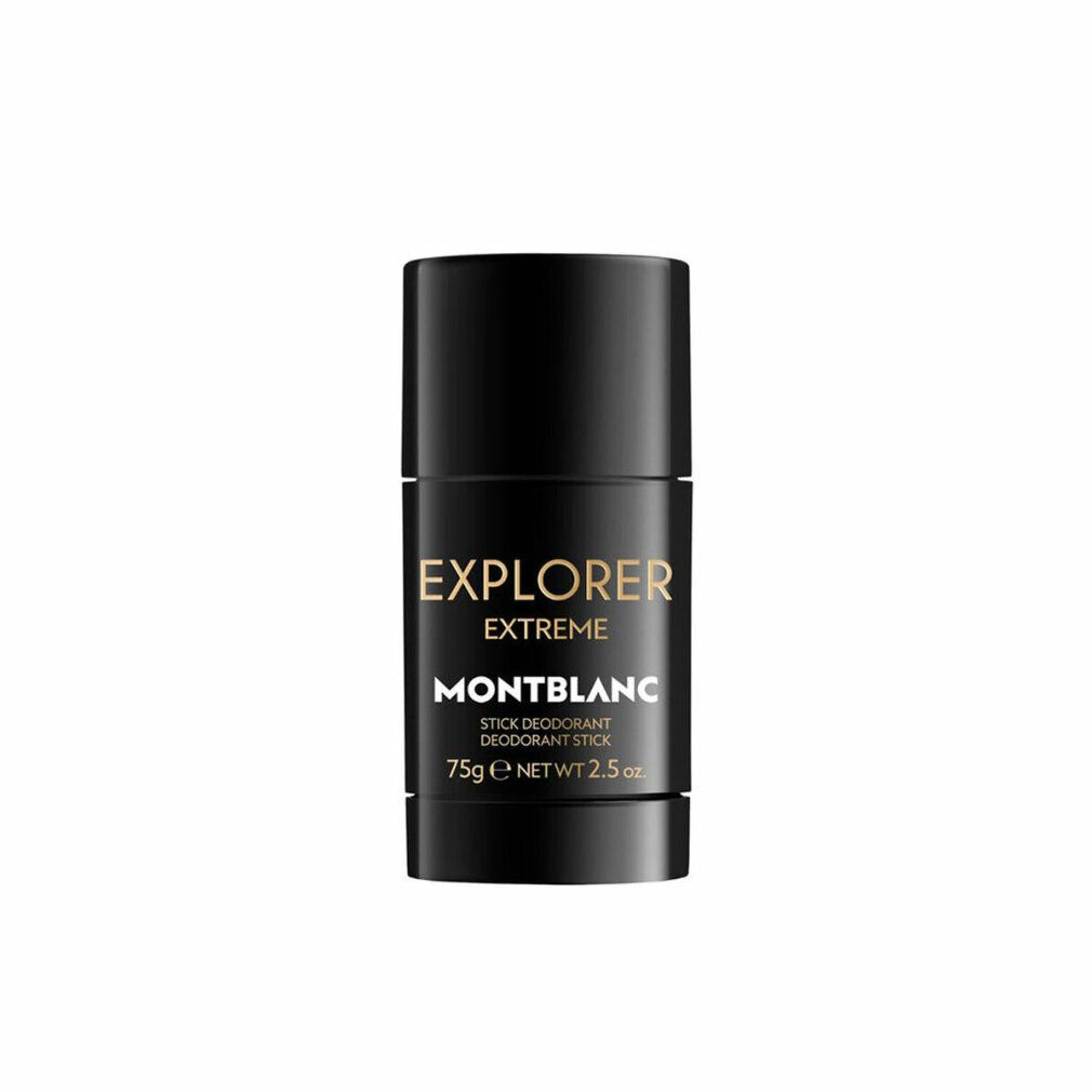 Deostift Montblanc Explorer Extreme. Schwarzer Zylinder mit goldfarbenem Schriftzug. Produktname und Gewicht.