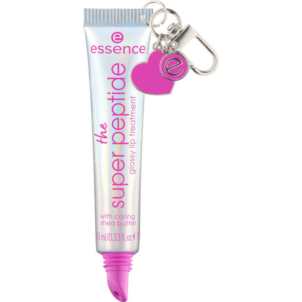 Silberne Tube mit rosa Verschluss. Text: "Essence the super peptide glossy lip treatment". Anhänger: Herz mit "e".