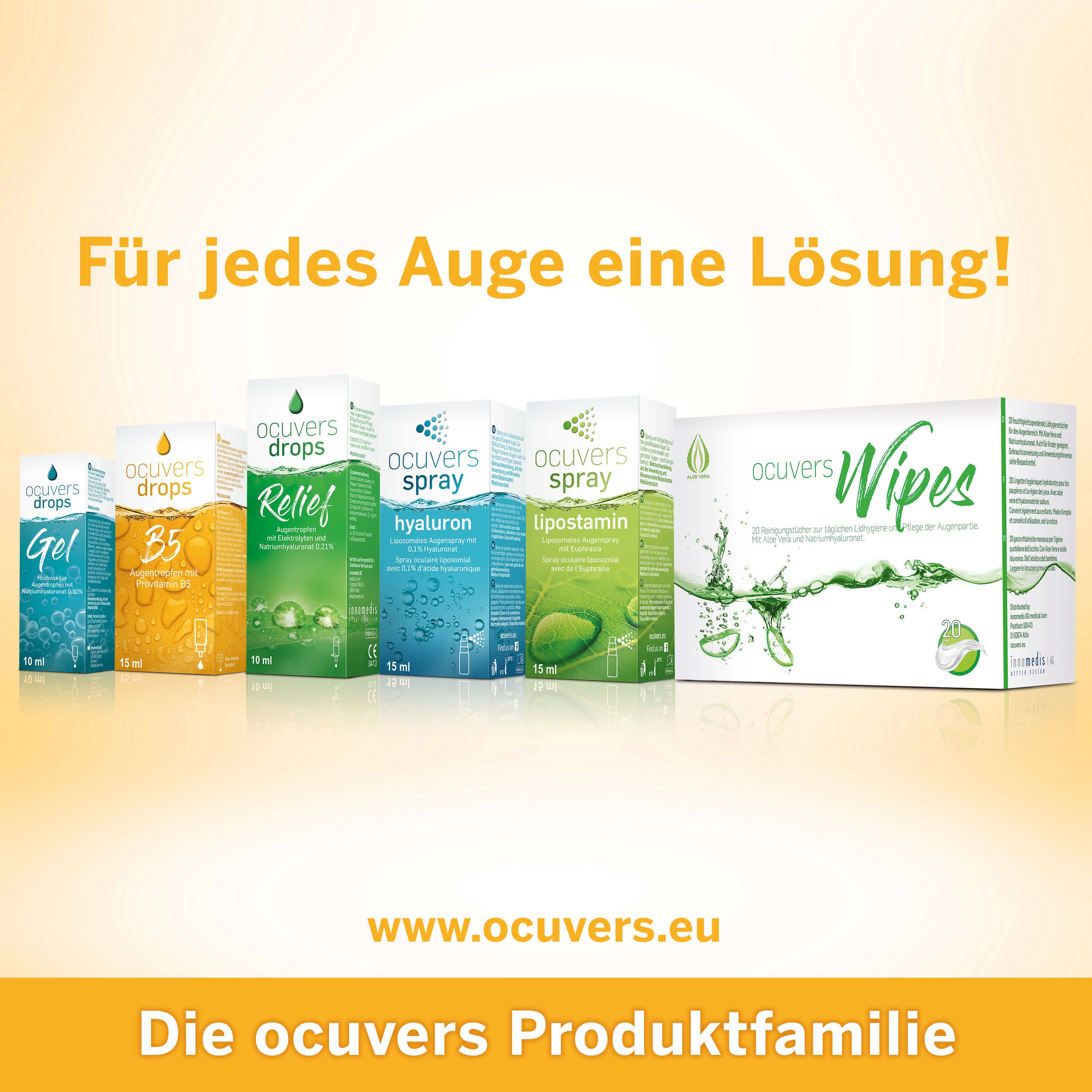 Produktfamilie: Ocuvers Gel, B5, Relief, Spray, Hyaluron, Lipostamin, Wipes. Website-Adresse.
