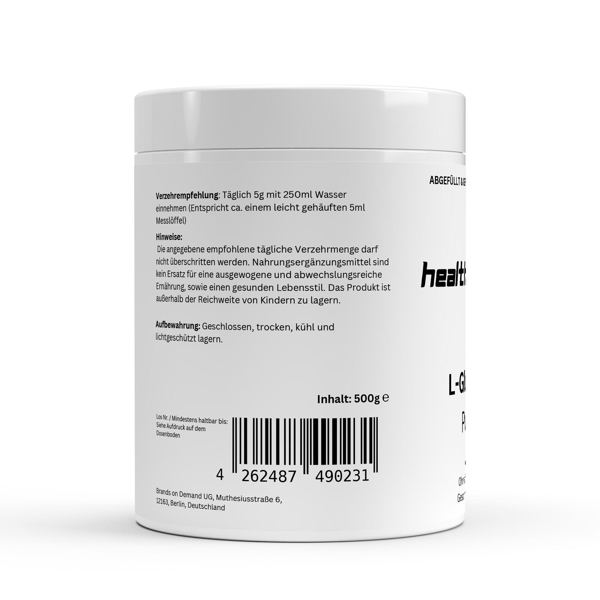 Weißer Behälter mit L-Glutamin. Aufschrift: health&sport, Inhalt 500g, Barcode, Verzehrempfehlung, Hinweise, Aufbewahrung.