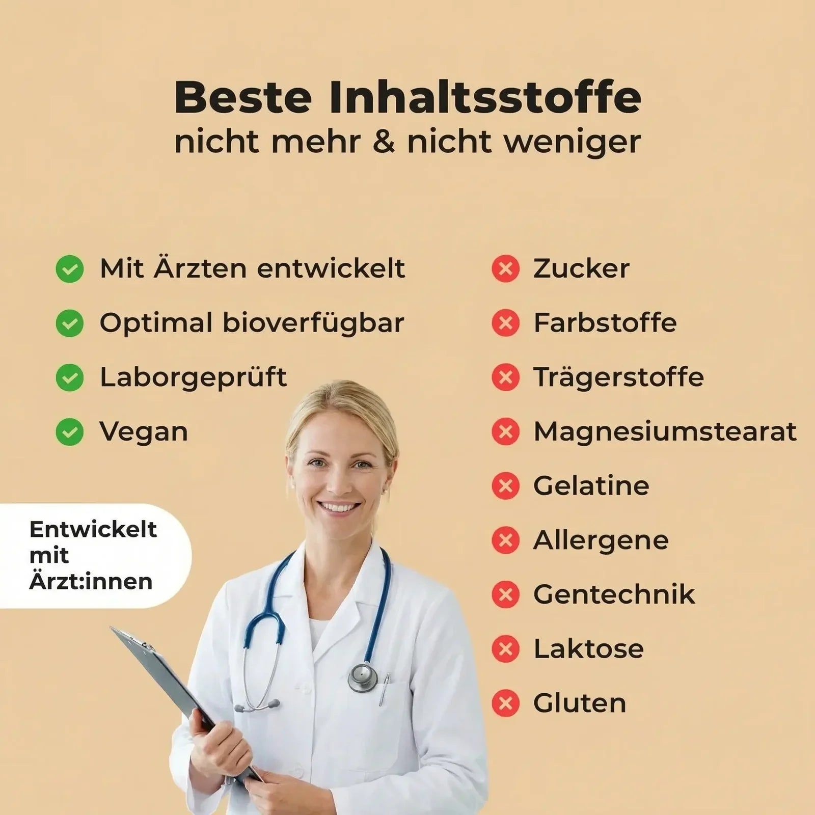 Ärztin mit Stethoskop und Klemmbrett, Liste mit Vorteilen und Nachteilen.