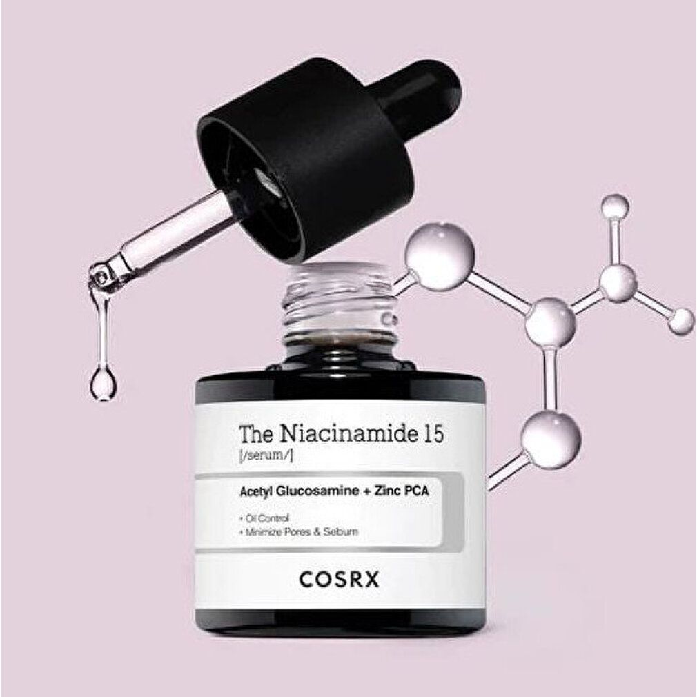 COSRX The Niacinamide 15 Serum Flasche mit Pipette und Molekülstruktur-Grafik.