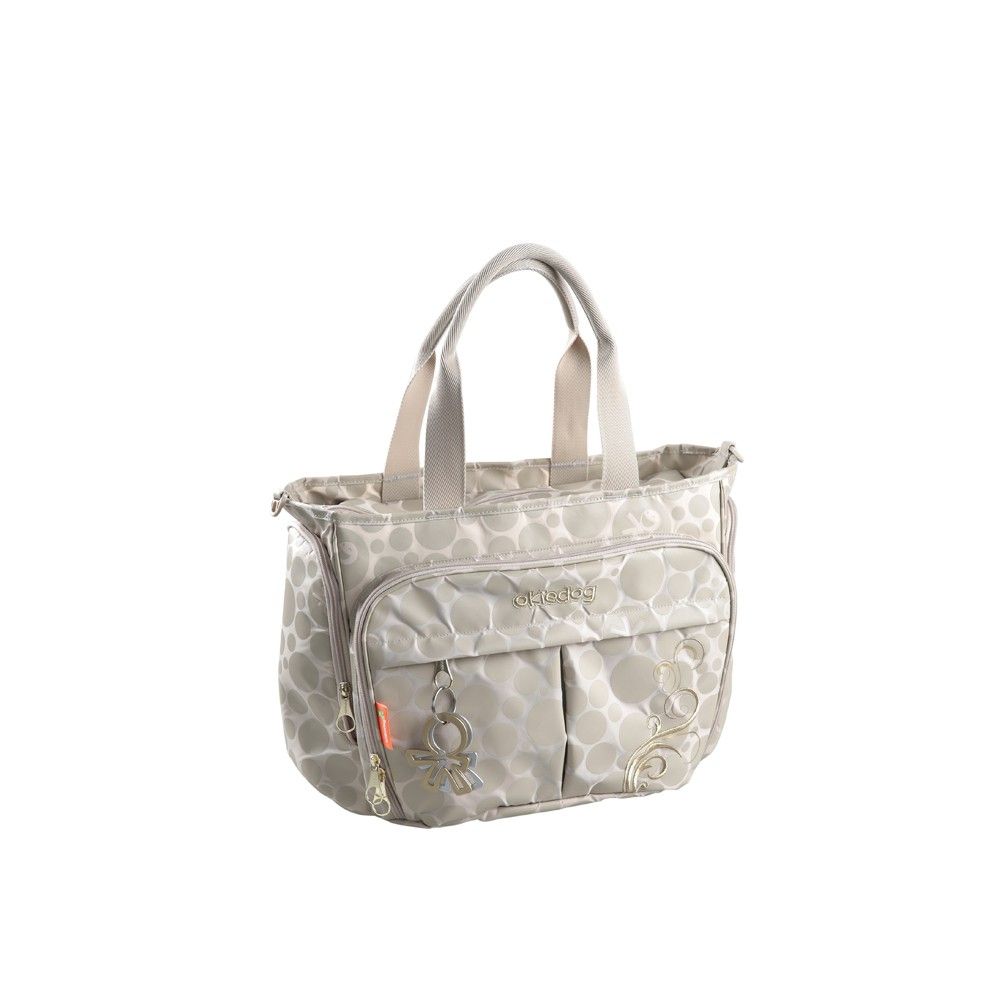 Beige Wickeltasche mit gepunktetem Muster. Zwei Tragegriffe. Goldfarbene Details und Reißverschluss.