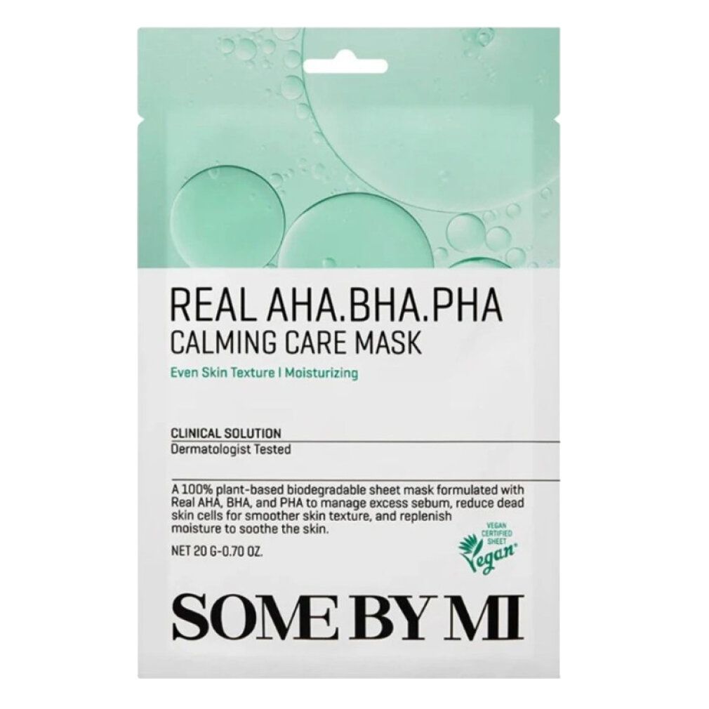 Verpackung der SOMEBYMI Real AHA-BHA-PHA Calming Care Mask mit klinischen Lösungen und Inhaltsstoffen.