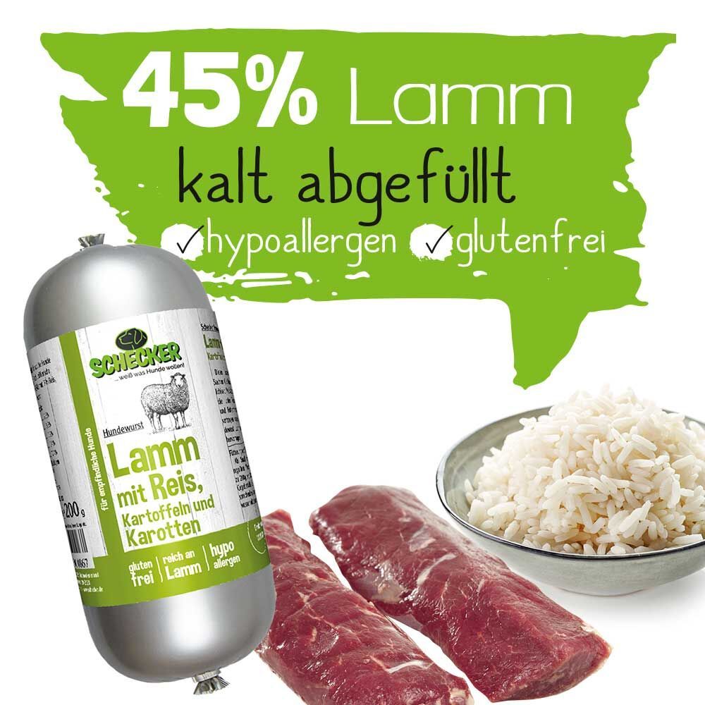 Wurst mit Etikett, Lamm mit Reis, Kartoffeln & Karotten. 45% Lamm, kalt abgefüllt. Reis und Fleisch daneben.