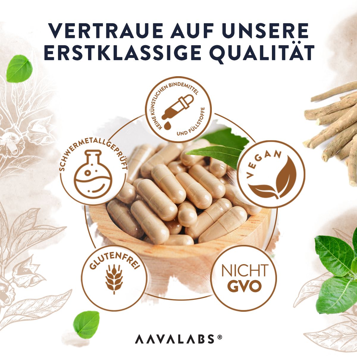 Werbebild mit Kapseln und Logos. Aufschrift: Vegan, Glutenfrei, Nicht GVO. Marke: AAVALABS.