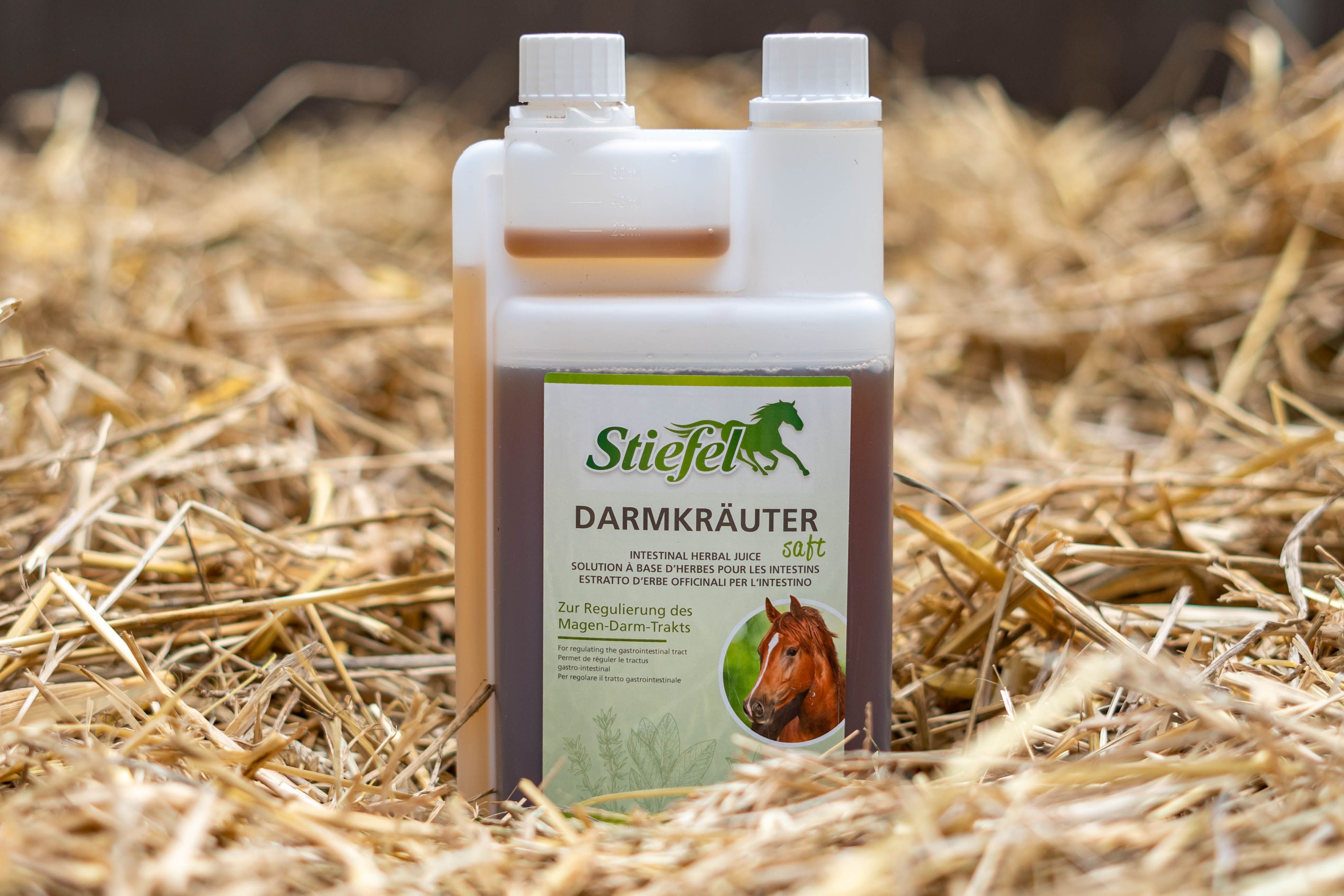 Flasche Stiefel Darmkräutersaft auf Heu. Die Flasche hat einen weißen Deckel und braune Flüssigkeit.