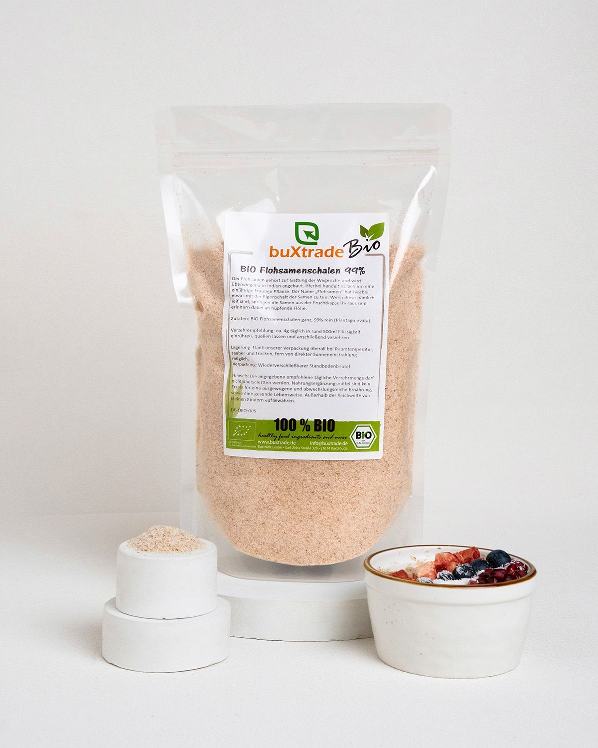 Verpackung mit buXtrade Bio Flohsamenschalen 99%, Schale mit Müsli und Früchten, kleine Schalen.