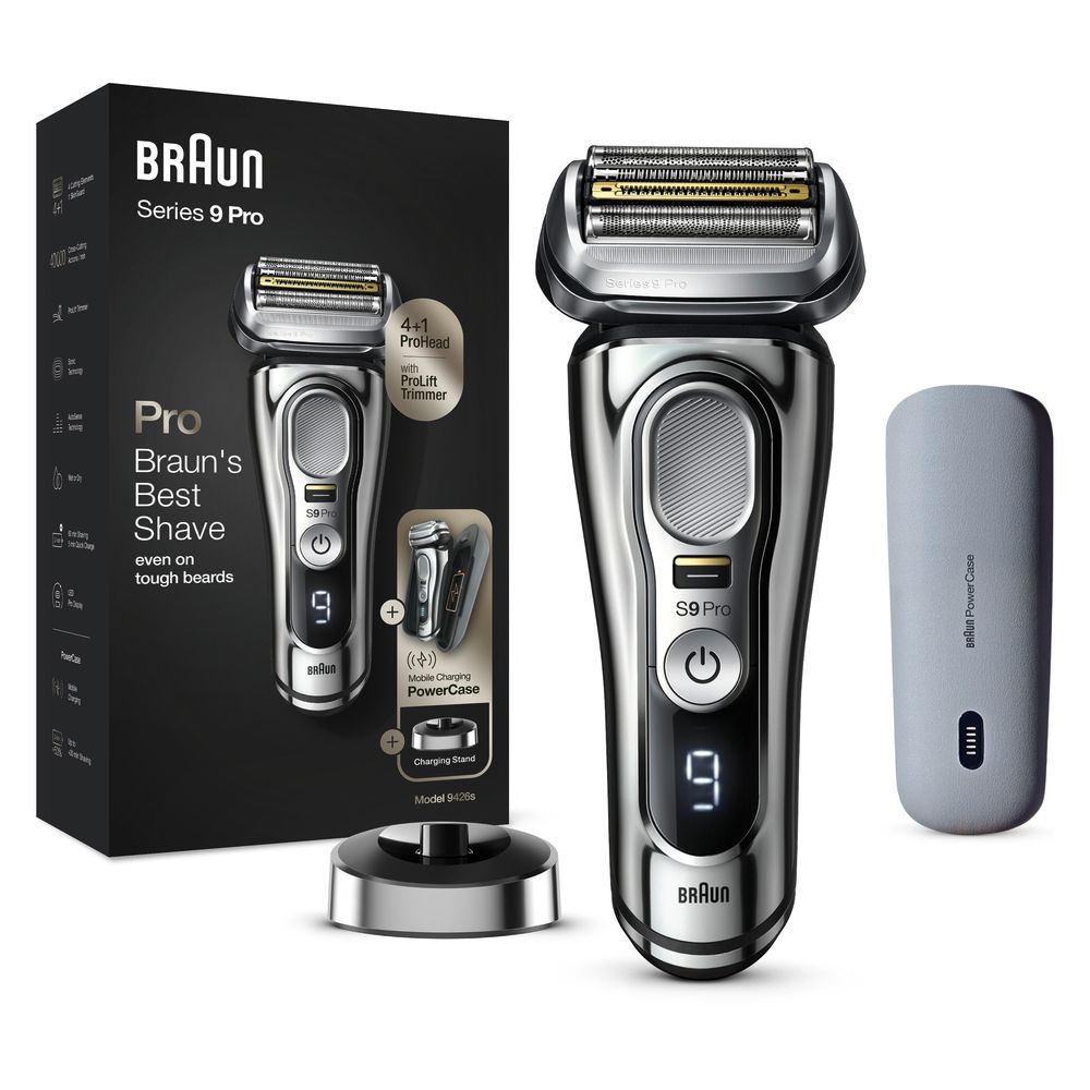 Elektrischer Rasierer Braun Series 9 Pro, Silber, mit Ladestation, PowerCase und Verpackung. Sichtbare Details: Display, Trimmer.