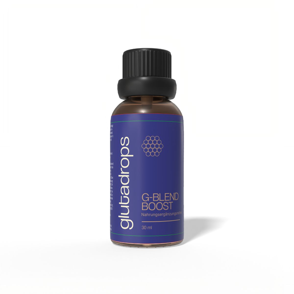 Braune Glasflasche mit schwarzem Deckel und blauer Etikette. Aufschrift: Glutadrops, G-Blend Boost, 30 ml.