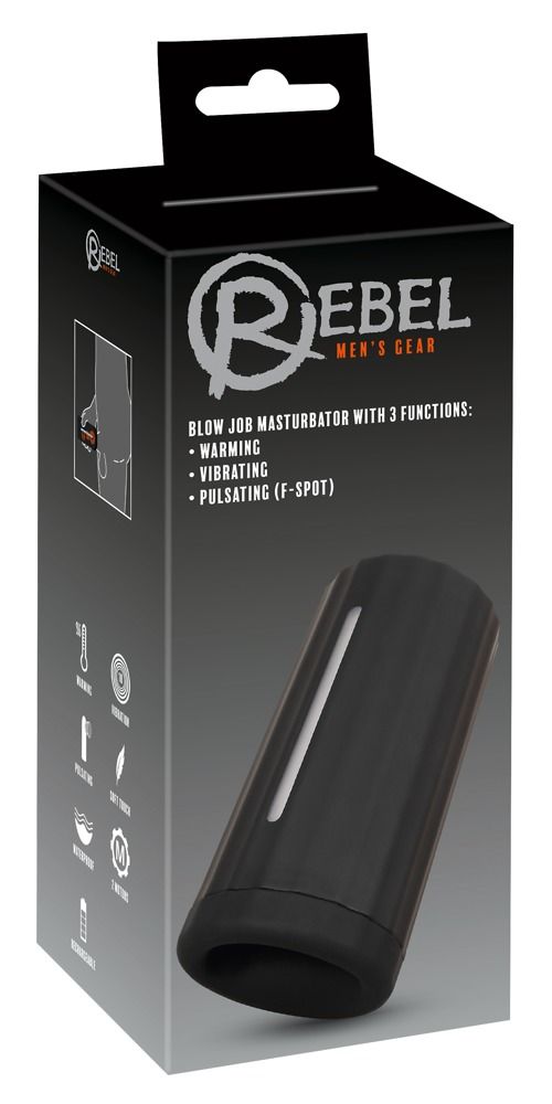 Schwarze Verpackung mit Produktabbildung. Text: REBEL MEN'S GEAR, Blow Job Masturbator mit 3 Funktionen.