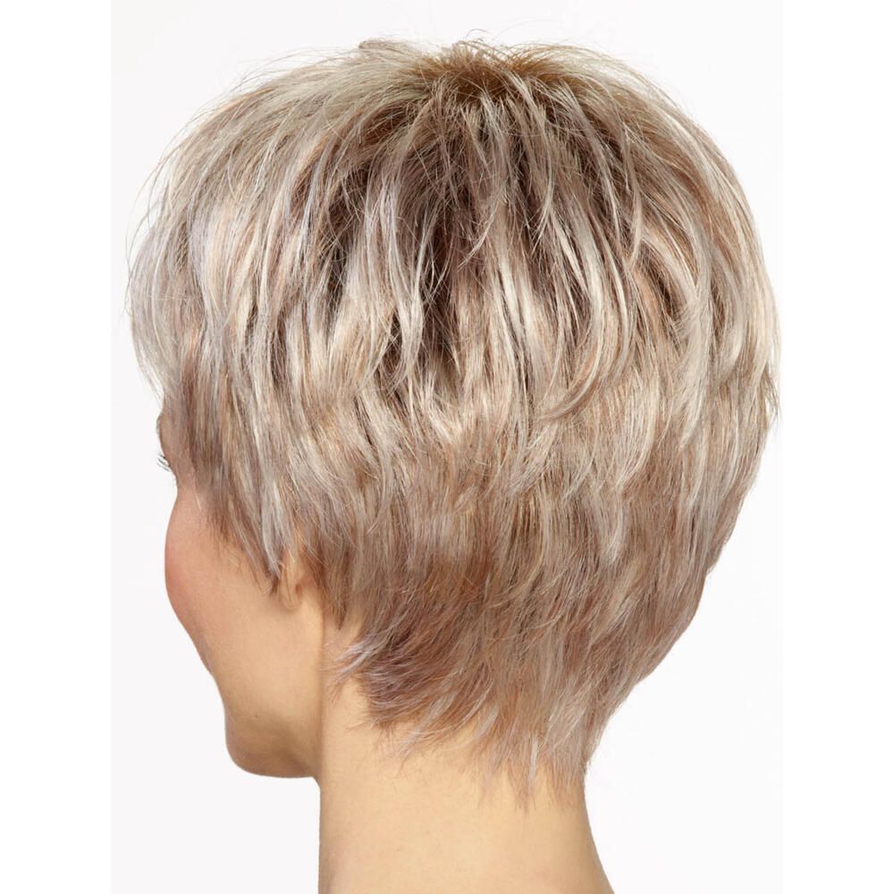 Kurzhaarperücke, blond mit dunkleren Ansätzen. Rückansicht, die die Frisur zeigt.
