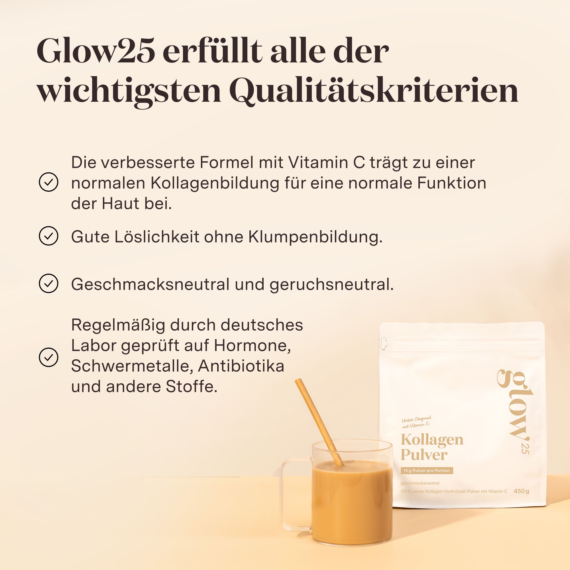 Frau hält einen Beutel Glow25® Kollagen Pulver. Aufschrift: Kollagen Pulver, 15 g pro Portion, 450 g.
