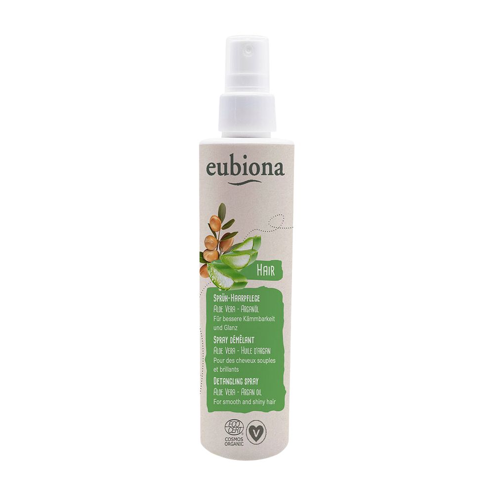Sprühflasche mit weißem Sprühkopf. Aufschrift "eubiona". Grün-weiße Etikett mit Produktinformationen und Logo.