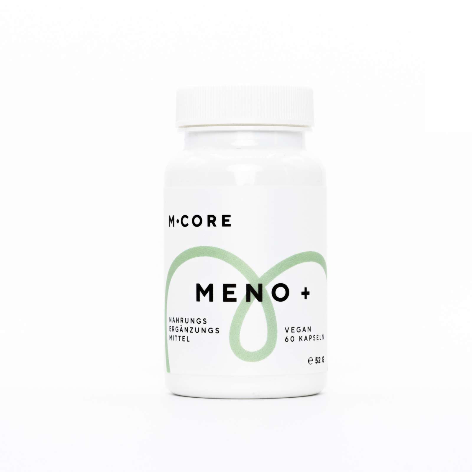 Weiße Flasche mit "M-CORE" und "MENO +" Aufdruck. Grüne, geschwungene Linie. "VEGAN" und "60 Kapseln" sichtbar.