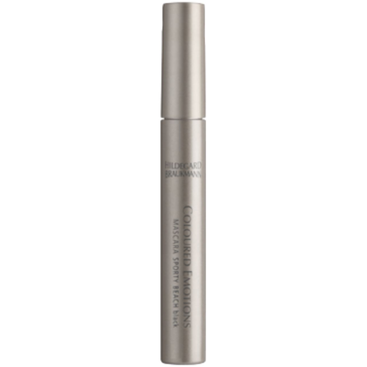 Zylindrische Mascara-Tube in Silber. Beschriftung: Hildegard Braukmann, Coloured Emotions, Mascara Sporty Beach, 010.