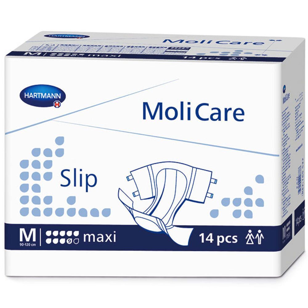 MoliCare Slip maxi Gr. M, Packung. Blaue und weiße Verpackung mit Produktabbildung und Logo. 14 Stück.