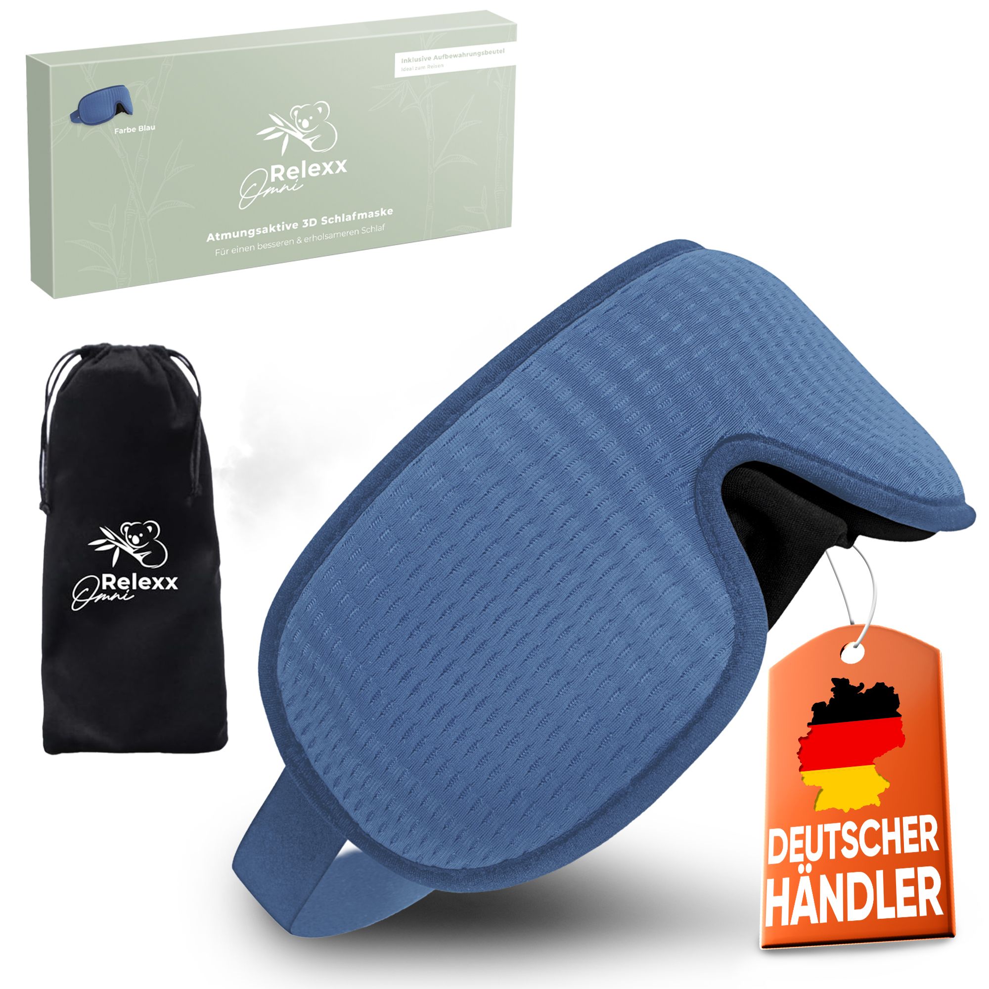 Blaue Schlafmaske mit Etikett "Deutscher Händler", Verpackung und Aufbewahrungsbeutel. Marke: Omni Relexx.