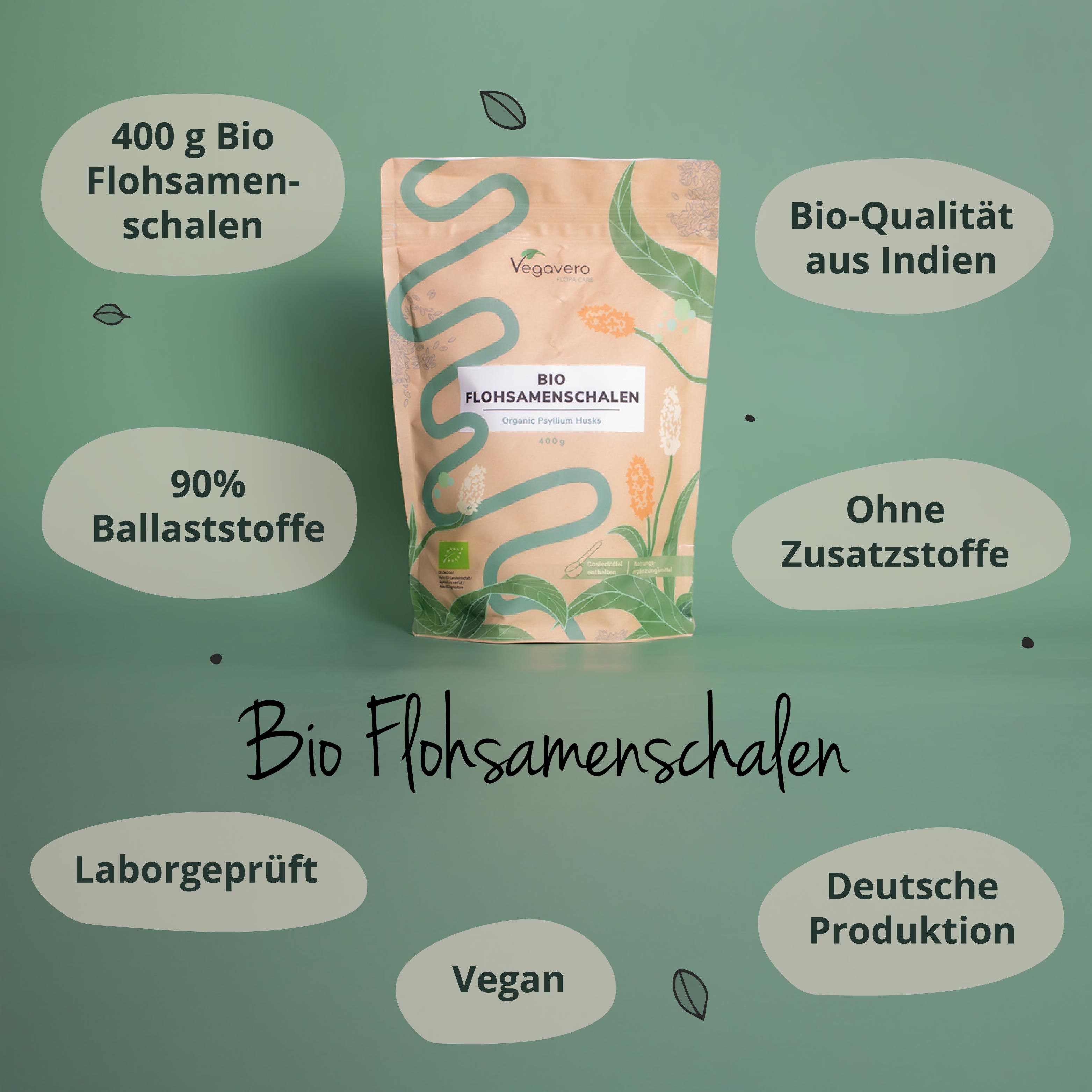 Vegavaro BIO Flohsamenschalen-Verpackung. Angaben: 400g, 90% Ballaststoffe, ohne Zusatzstoffe, vegan, Laborgeprüft.