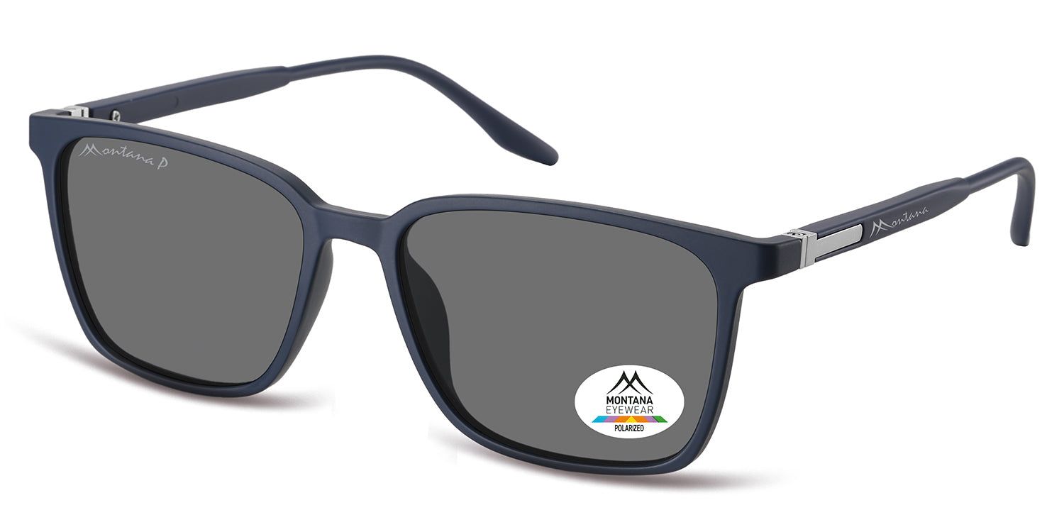 Blaue Sonnenbrille mit grauen Gläsern. Montana Eyewear Logo auf dem Bügel und Glas. Polarisierte Gläser.