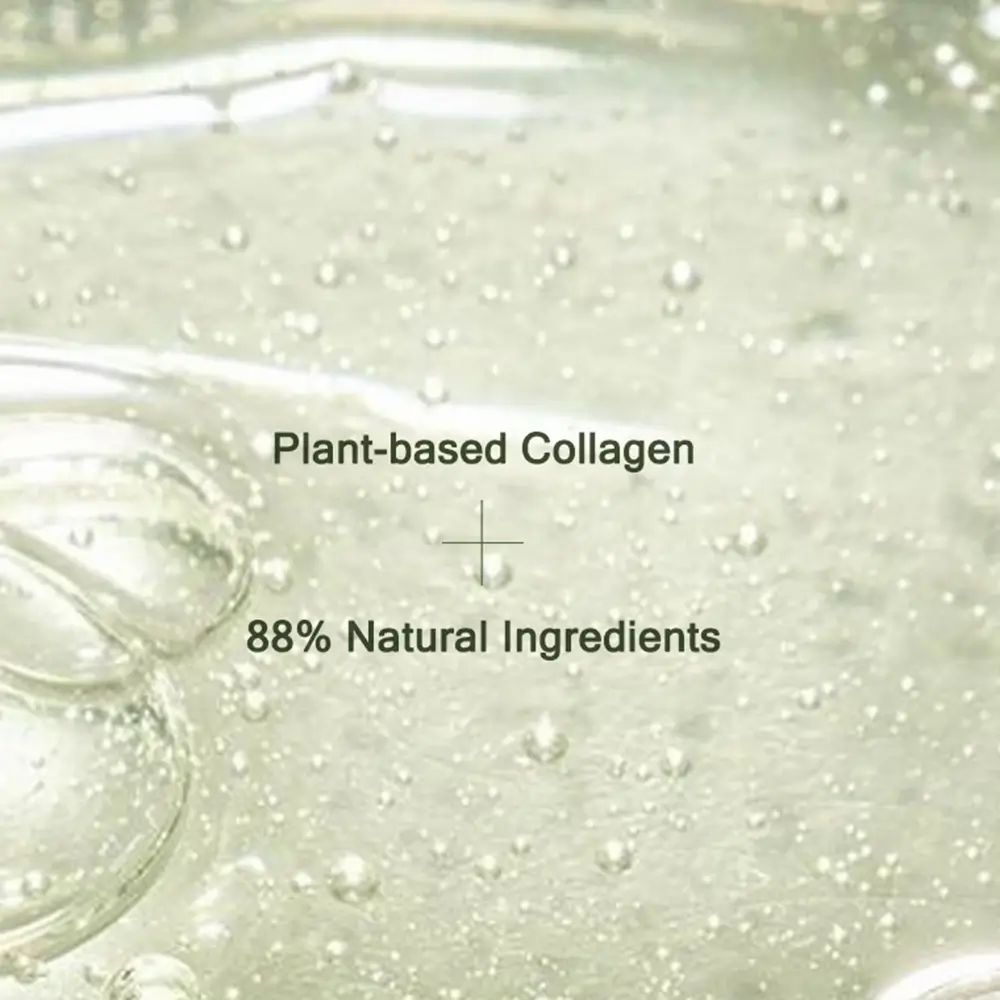 Nahaufnahme von Serum mit Text 'Plant-based Collagen' und '88% Natural Ingredients'.