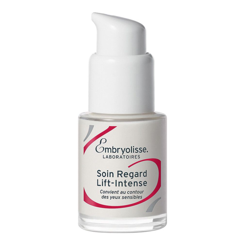Weißer Spender mit Produkt. Aufschrift: Embryolisse, Soin Regard Lift-Intense. Geeignet für empfindliche Augenpartien.