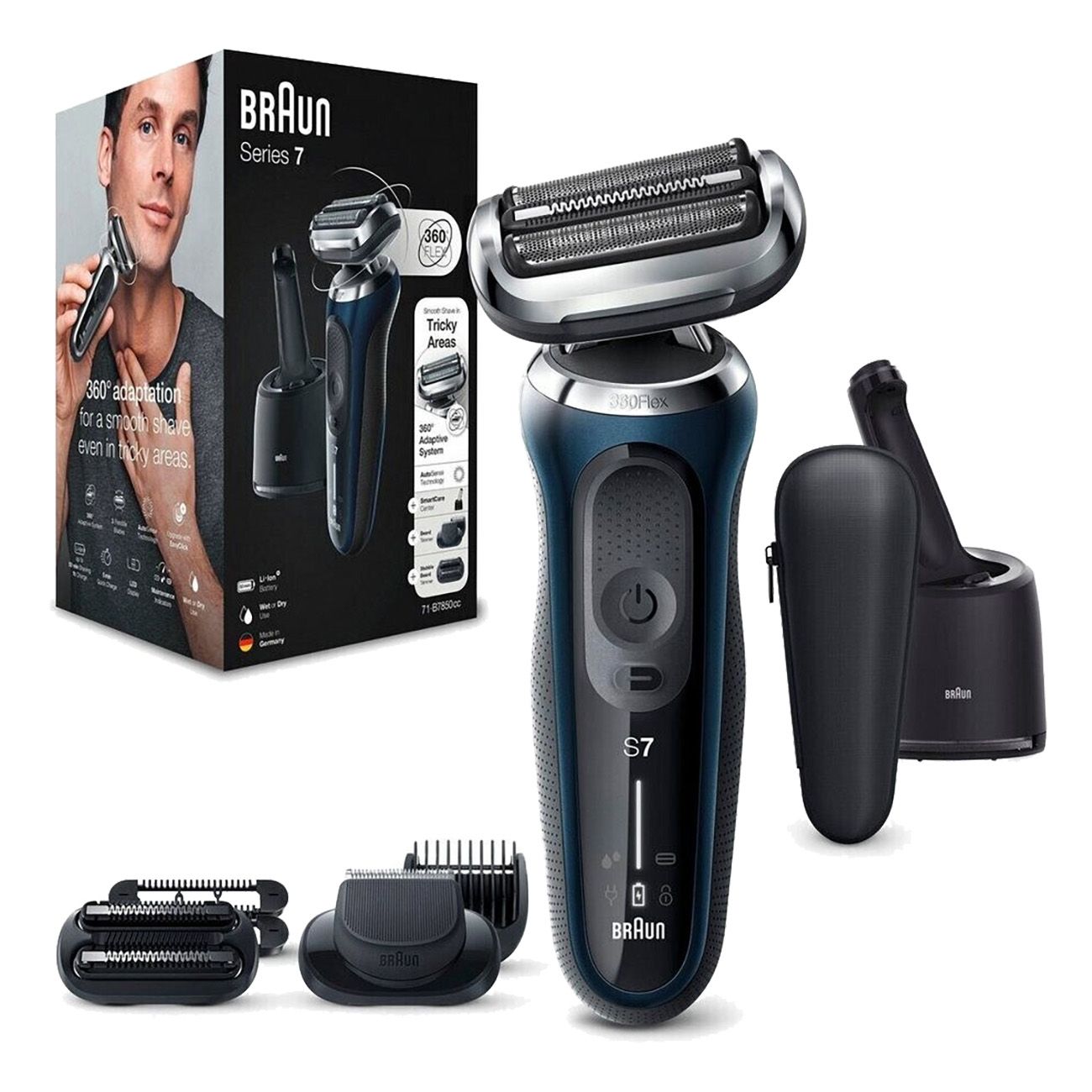 Braun Series 7 Rasierer mit Verpackung und Zubehör. Enthält Rasierer, Ladestation, Etui und Trimmer.