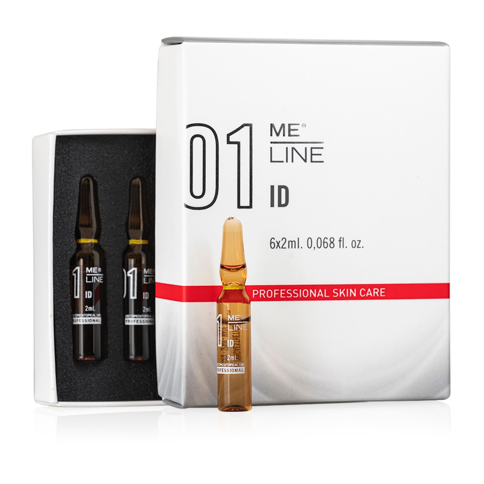 Verpackung mit Ampullen. Aufschrift: 01 ME LINE ID. Enthält 6x2ml. Professionelle Hautpflege.