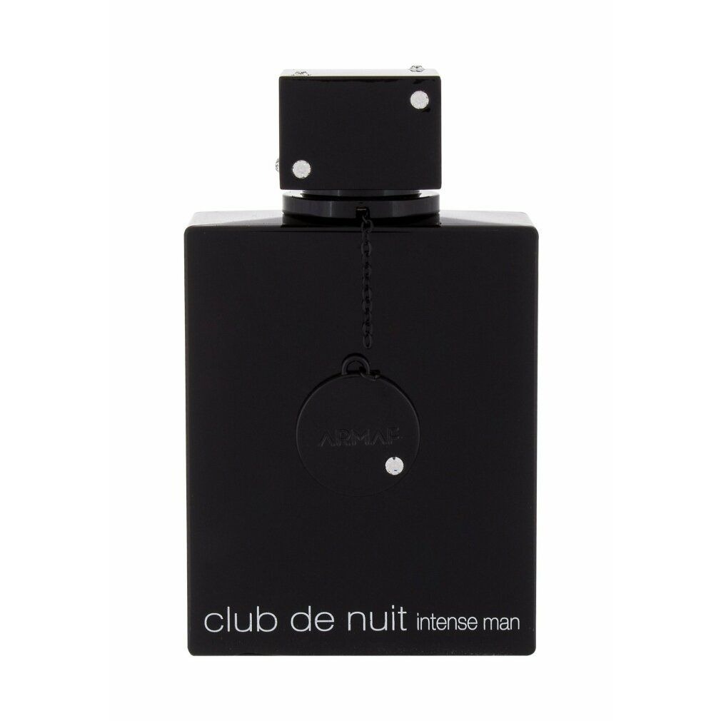 Schwarzer Flakon mit quadratischem Deckel. Aufschrift: Club de Nuit Intense Man. Kette mit Anhänger.