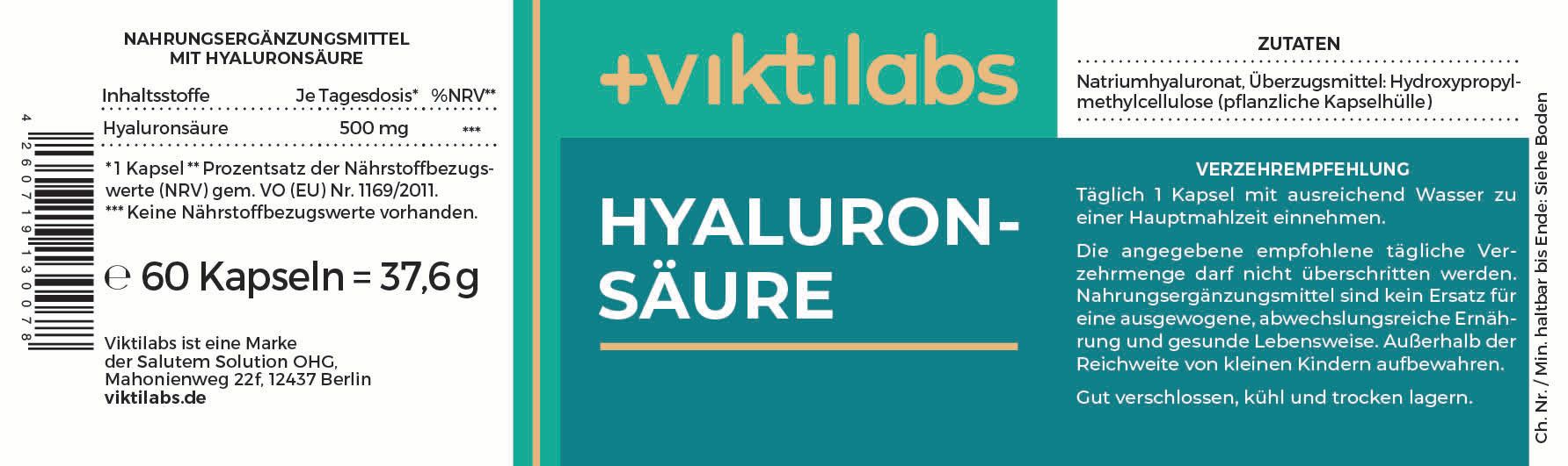 Viktilabs Hyaluronsäure Kapseln: 500 mg Hyaluron aus pflanzlicher Fermentation