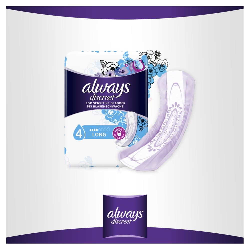 Always Discreet Long Plus Packung und ein einzelnes Produkt. Mit floralem Design und Produktabbildung.