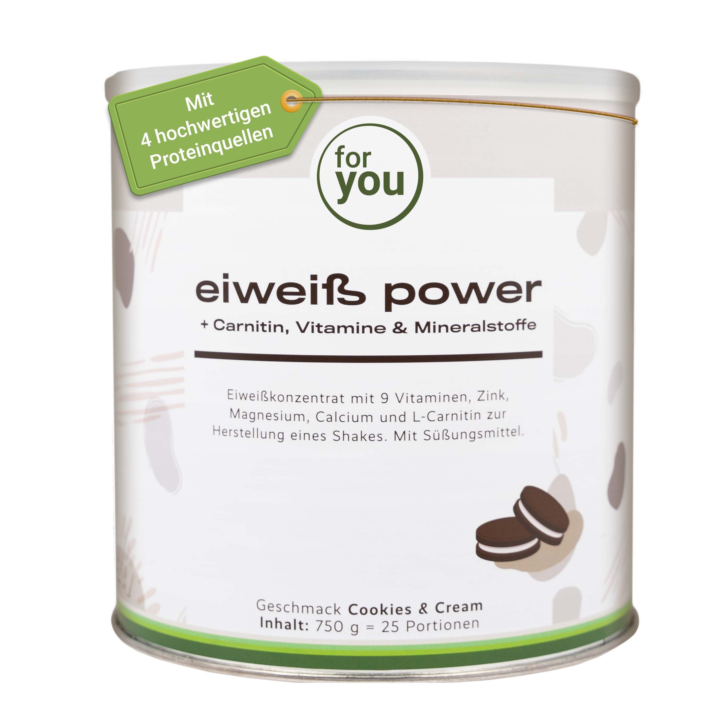 Dose des Produkts mit der Aufschrift 'Eiweiß Power'.