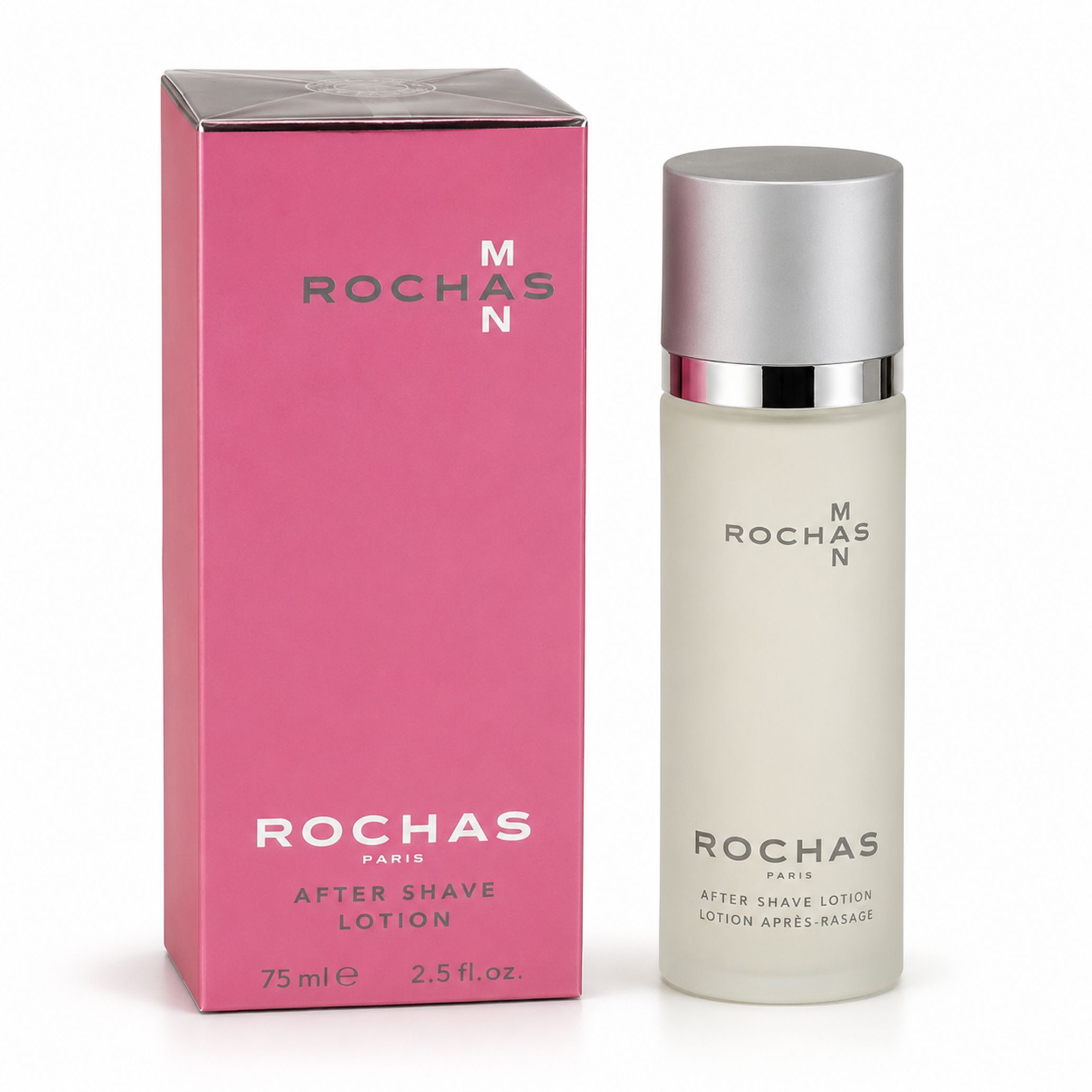 Rosa Verpackung und Flakon. Flakon mit silbernem Deckel. Auf der Verpackung und dem Flakon steht "ROCHAS MAN" und "AFTER SHAVE LOTION".