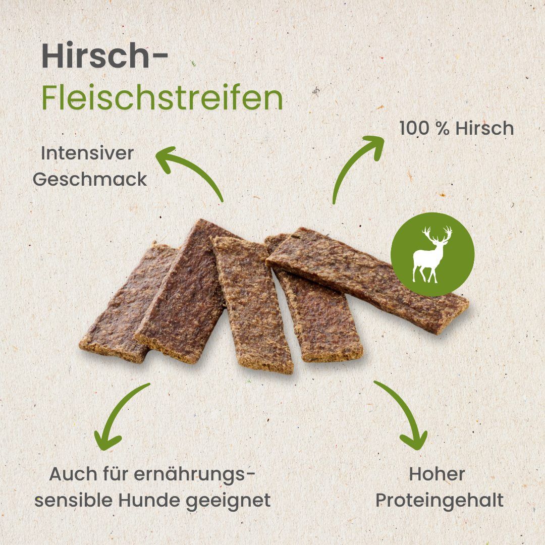 Hirschfleischstreifen Kauartikel: 100% Hirsch. Intensiver Geschmack, hoher Proteingehalt.