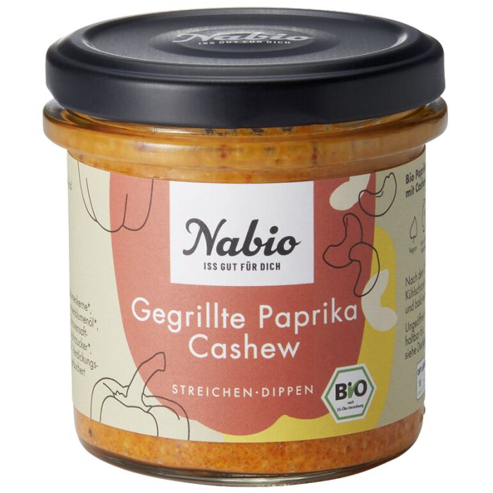 Glas mit Nabio Aufstrich Gegrillte Paprika Cashew Vegan. Schwarzer Deckel. Bio-Siegel. Aufschrift: Streichen-Dippen.