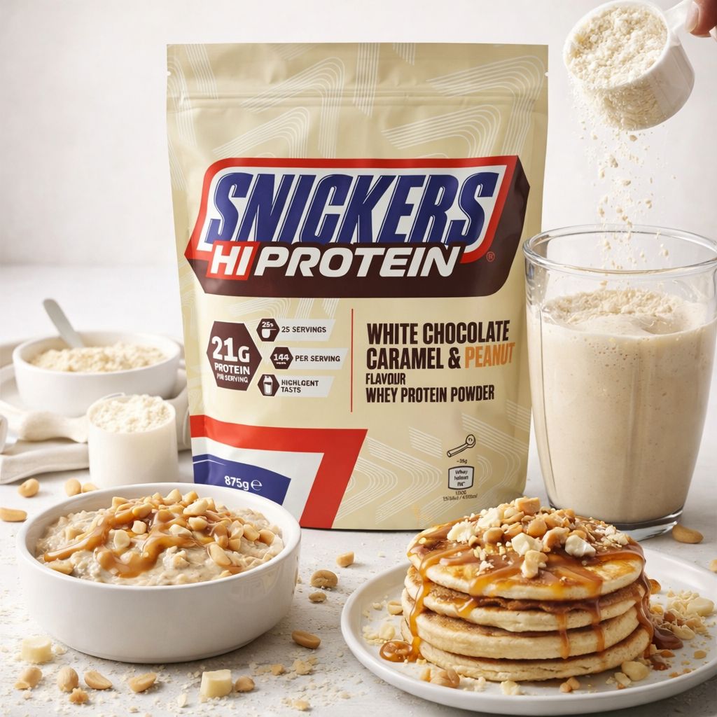 Snickers Hi Protein Pulver mit Proteinshake, Haferflocken, Pfannkuchen und Erdnüssen.