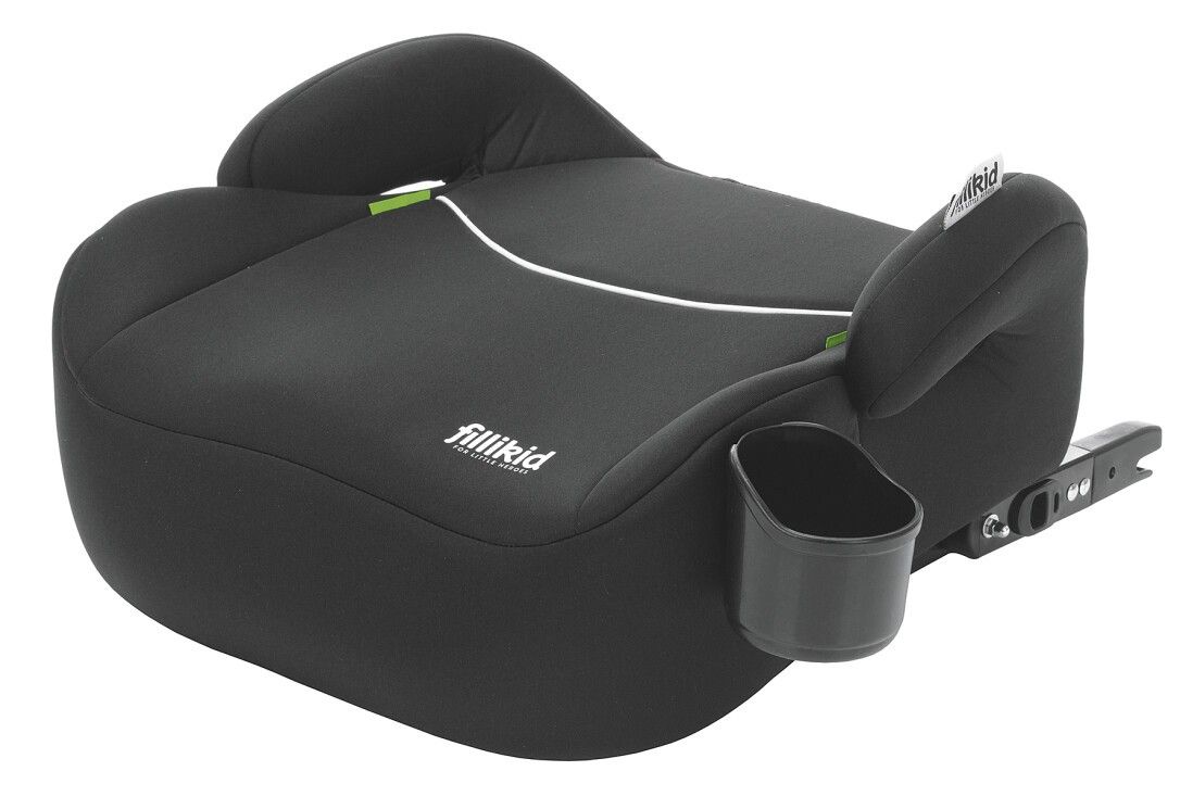 Schwarzer Kindersitz mit Isofix-Befestigung. Seitliche Kopfstützen, Getränkehalter. FILLIKID-Logo.