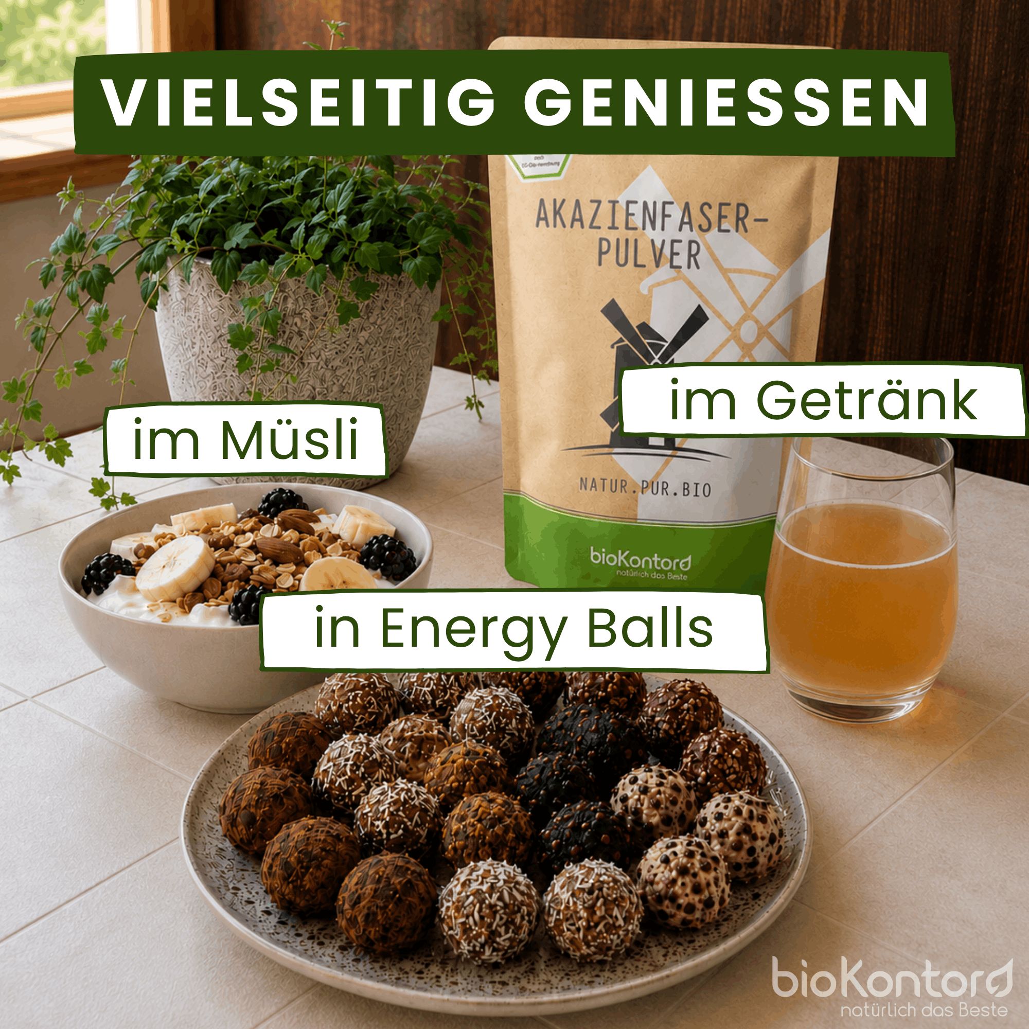 Bio Akazienfaser vielseitig genießen: im Müsli, im Getränk, in Energy Balls. Mit Beutel und Schale.