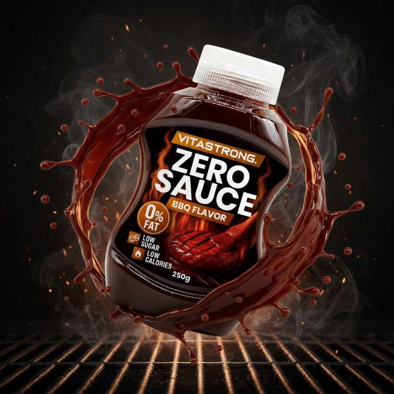 Braune Flasche mit weißem Deckel. Aufschrift: Vitastrong Zero Sauce BBQ Flavor. 0% Fett, Low Sugar, Low Calories. 250g. Umgeben von einer Sauce-Welle.